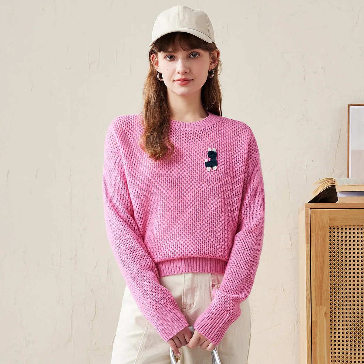 100% Wool Embroidered Patch Knit Sweater