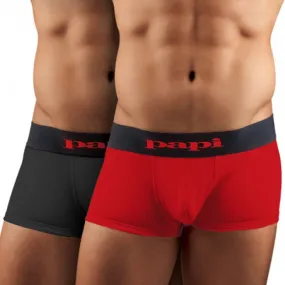 [2 Pack] Papi Cool Solid Brazilian Trunk Microfiber Boxer Brief Underwear Black Red 626161 Size M