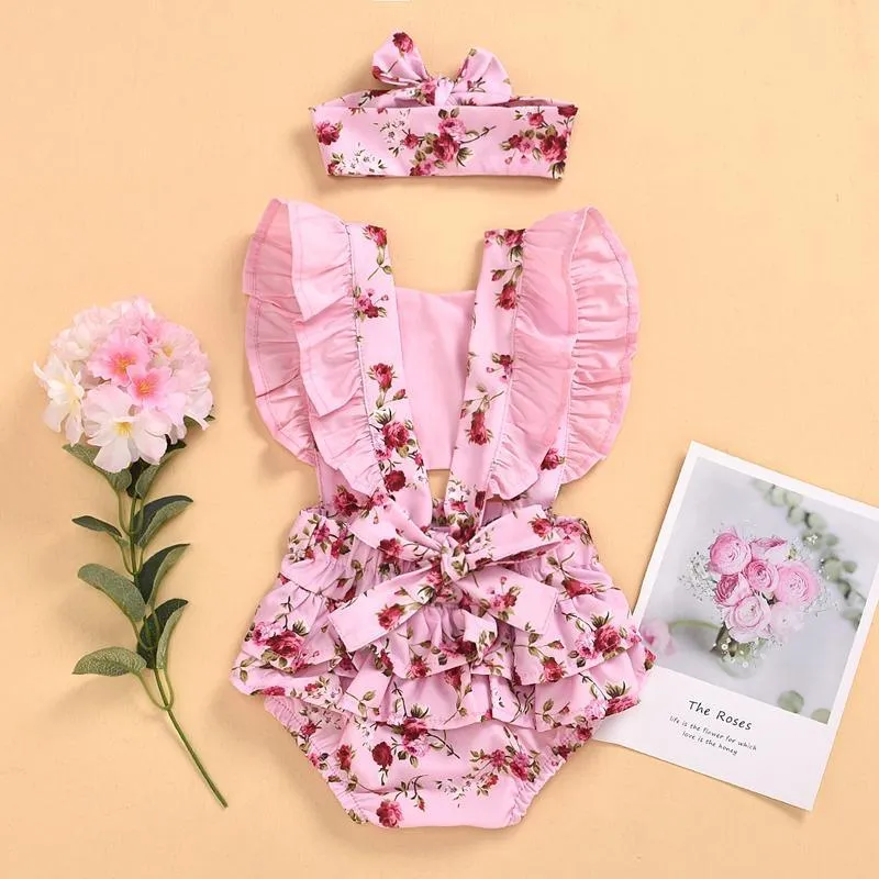 2-piece Ruffle Floral Printed Bodysuit & Headwear for Baby Girl Wholesale children's clothing