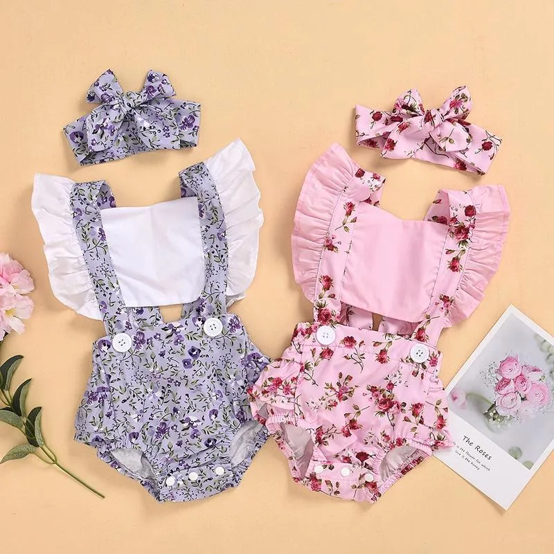 2-piece Ruffle Floral Printed Bodysuit & Headwear for Baby Girl Wholesale children's clothing