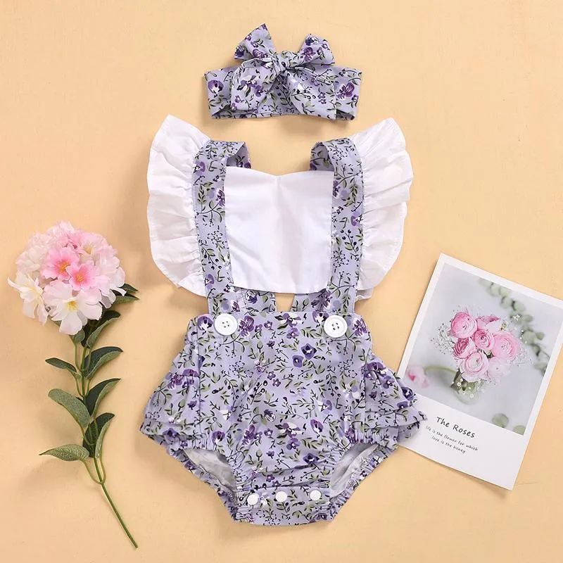 2-piece Ruffle Floral Printed Bodysuit & Headwear for Baby Girl Wholesale children's clothing