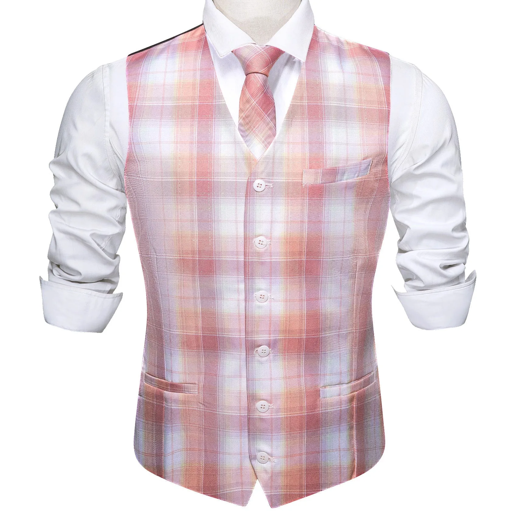 2PCS Pink Light Blue Plaid Jacquard Men's Vest Tie Set