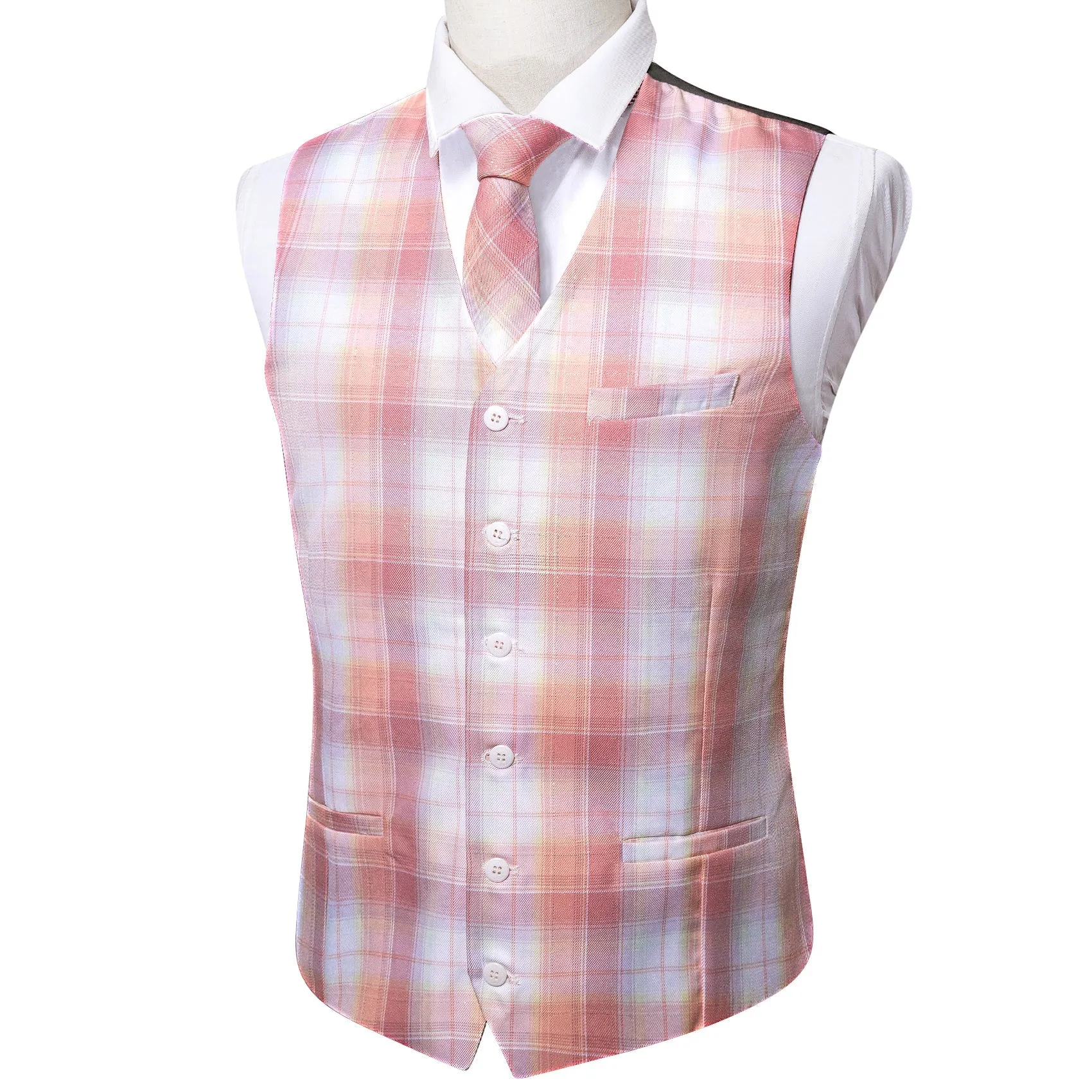 2PCS Pink Light Blue Plaid Jacquard Men's Vest Tie Set