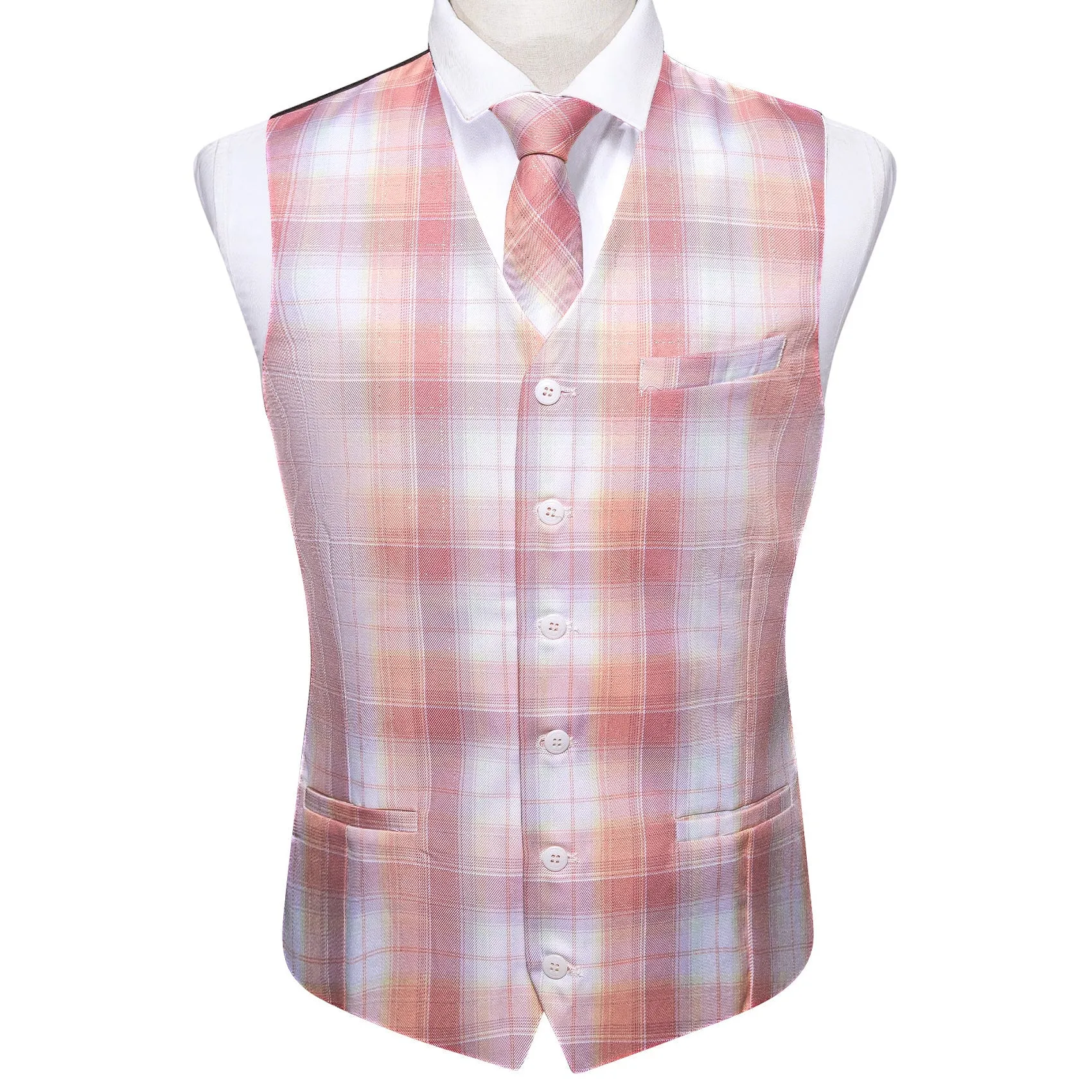 2PCS Pink Light Blue Plaid Jacquard Men's Vest Tie Set