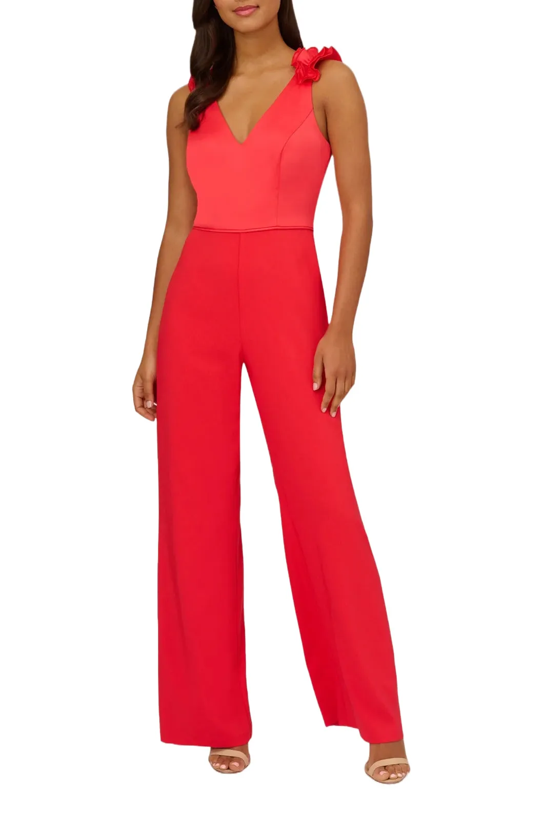 Adrianna Papell V-Neck Ruffled Shoulder Sleeveless Zipper Back Solid Satin Crepe Jumpsuit