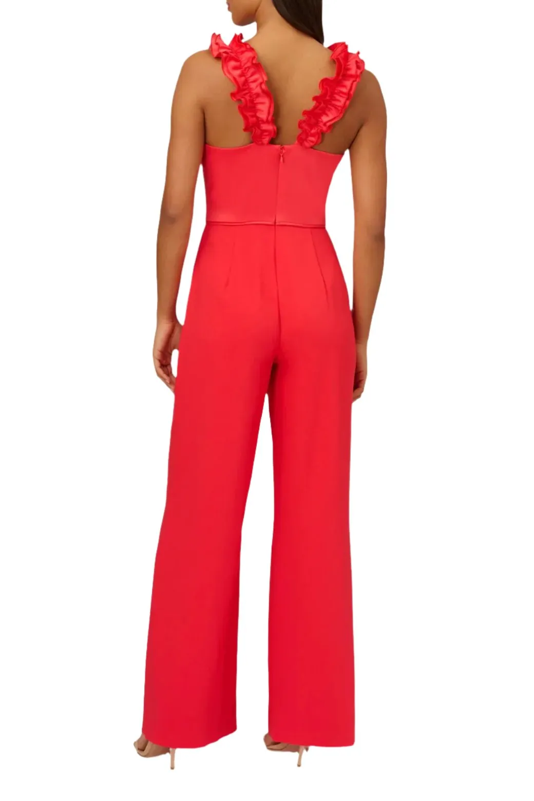 Adrianna Papell V-Neck Ruffled Shoulder Sleeveless Zipper Back Solid Satin Crepe Jumpsuit