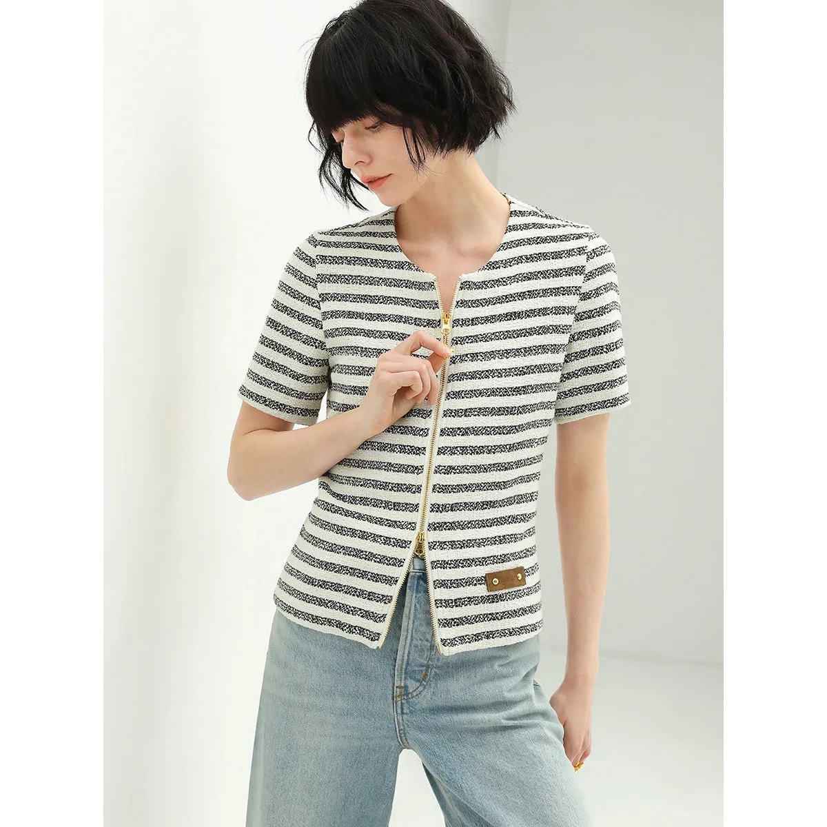 Amour Round Neck Double Zipped Striped Sweater Tee