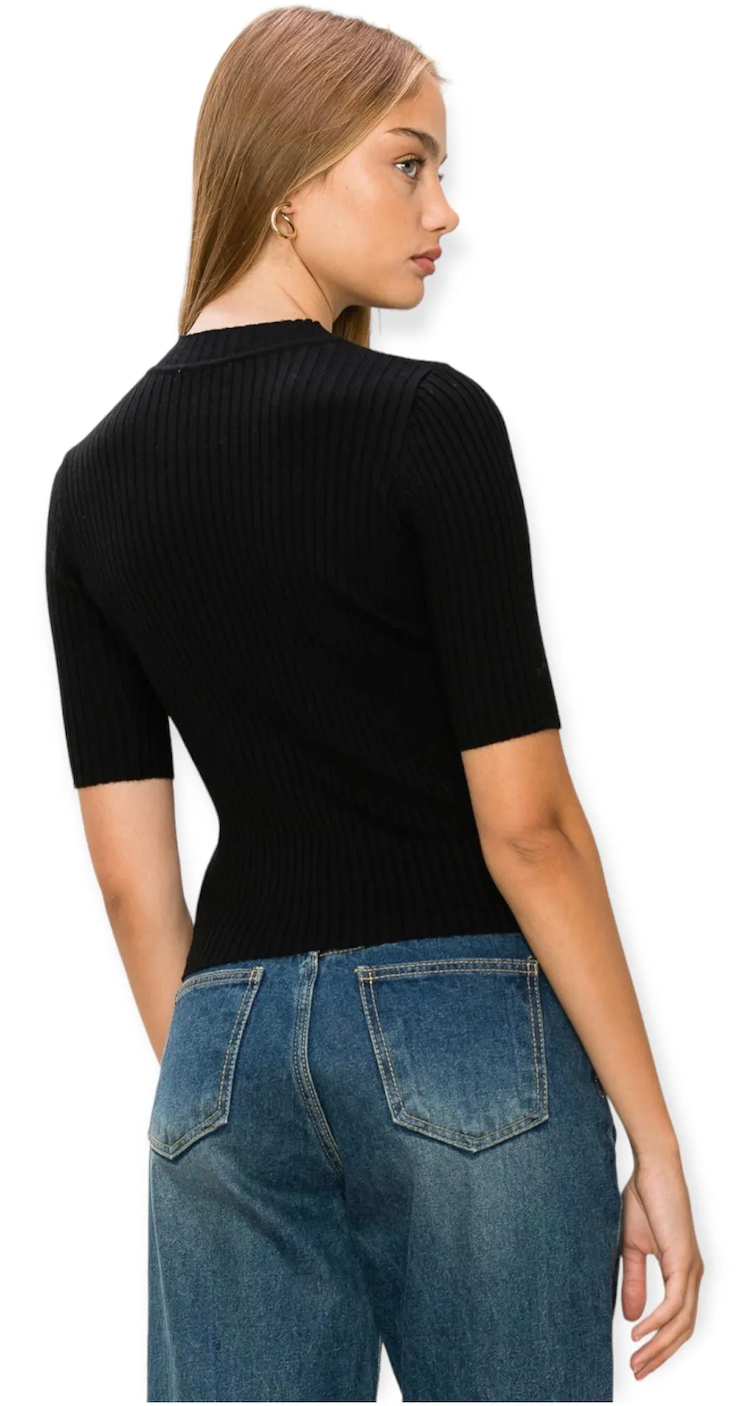 Aurelia Mock-Neck Ribbed Sweater Top- Black