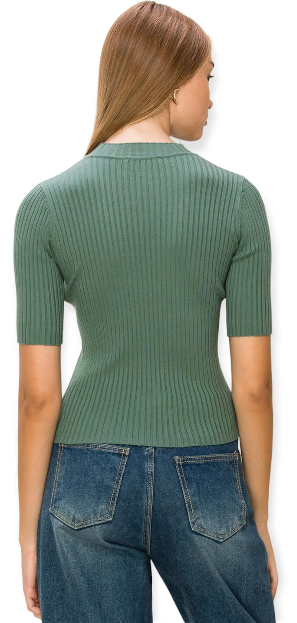 Aurelia Mock-Neck Ribbed Sweater Top- Olive