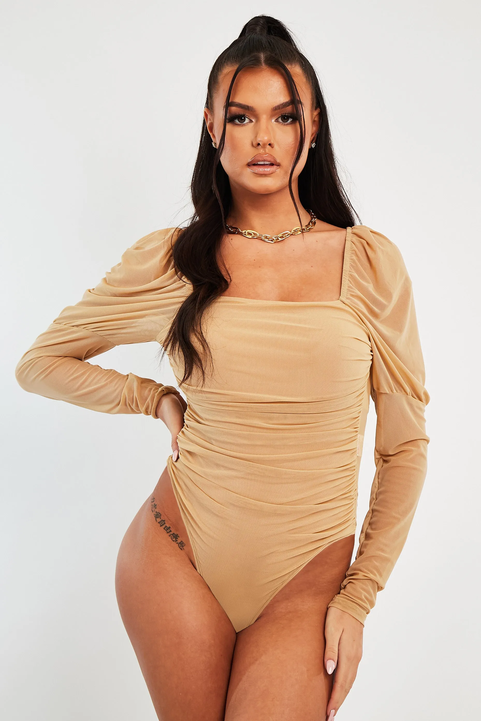 Beige Ruched Body Mesh Sleeve Bodysuit - Raeya