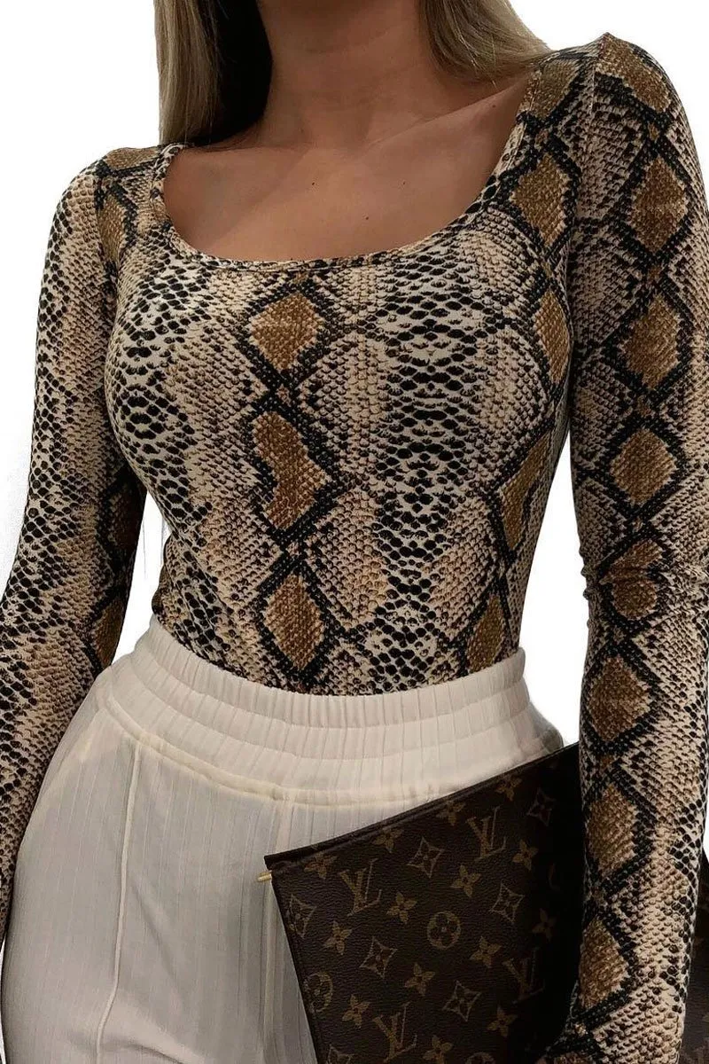 Beige Snake Scoop Neck Long Sleeve Bodysuit - Melody