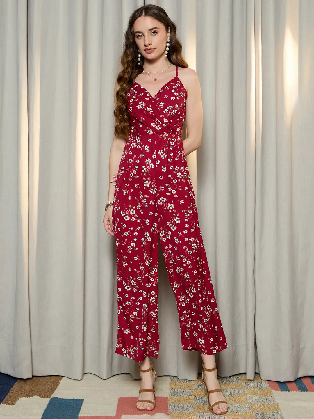 Berrylush Women Red & White Floral Printed V-Neck Sleeveless Back Zipper-Up Straight Hem Wrap Maxi Jumpsuit