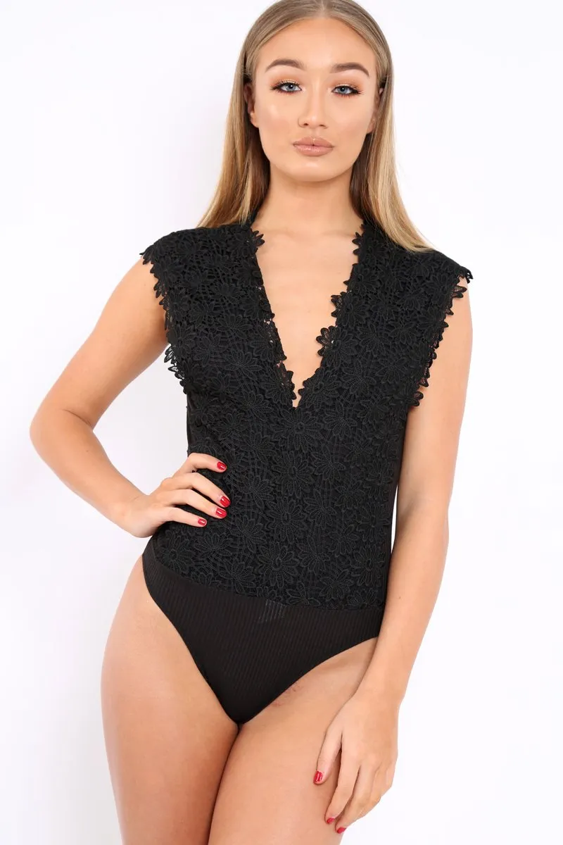 Black Floral Crochet Off The Shoulder Bodysuit - Shae