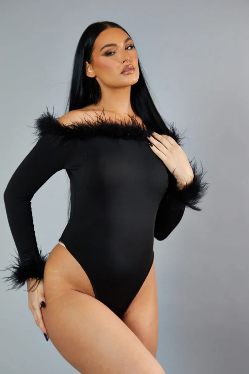 Black Fur Trim Bardot Bodysuit - Monalisa