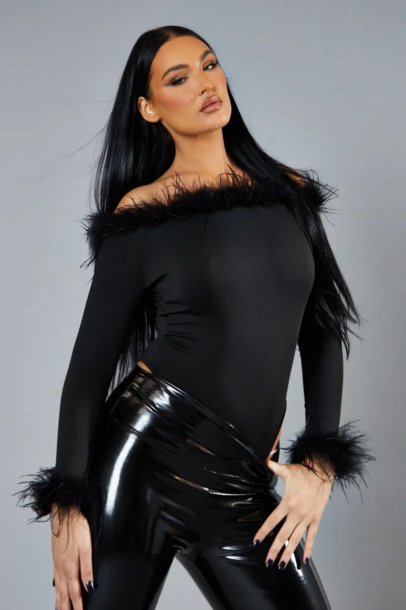 Black Fur Trim Bardot Bodysuit - Monalisa