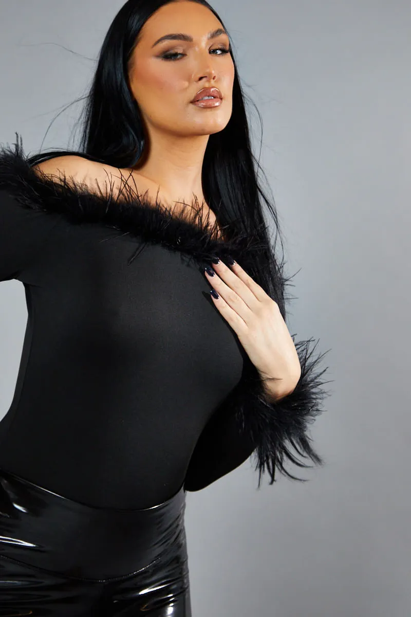 Black Fur Trim Bardot Bodysuit - Monalisa