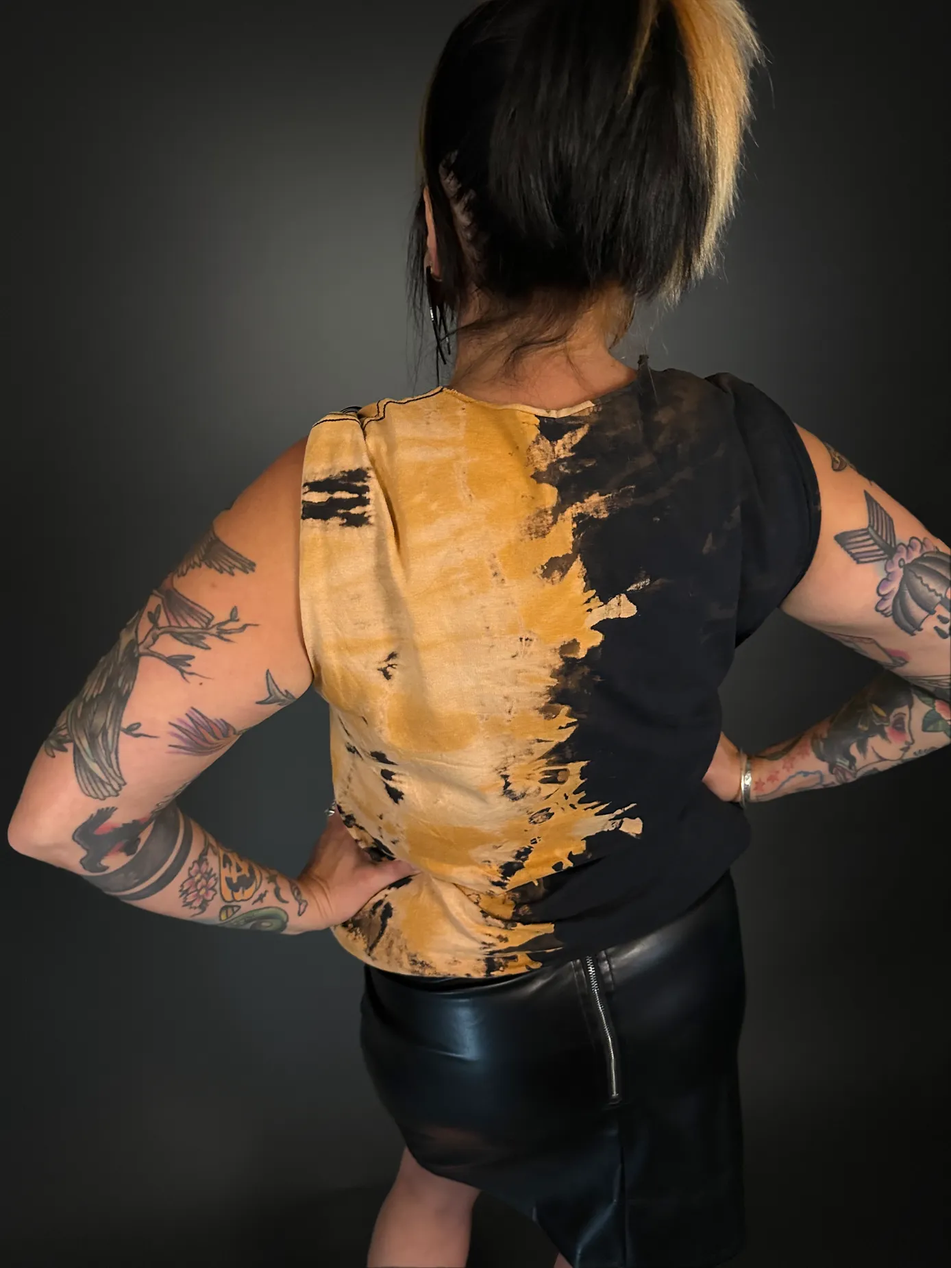 Black Hand Bleached T-shirt Tank Top with Faux Leather Shoulder Straps - Punk Style