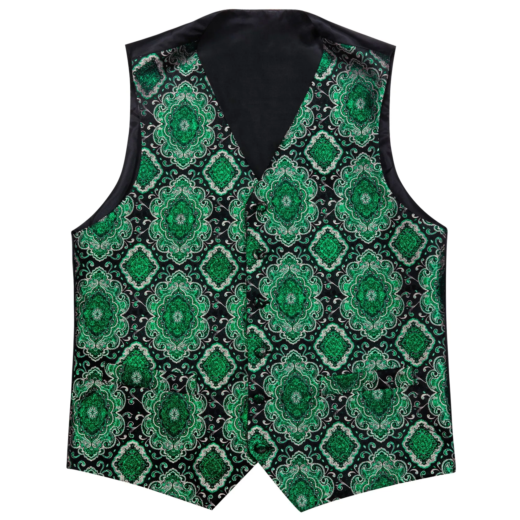 Black Shining Green Retro Floral Silk Men's Vest Bow Tie Handkerchief Cufflinks Set Waistcoat Suit Set