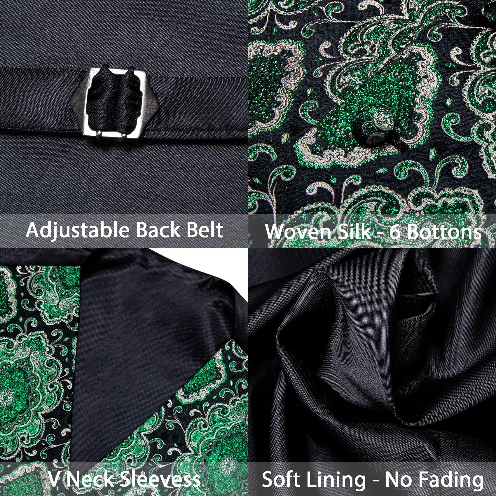 Black Shining Green Retro Floral Silk Men's Vest Bow Tie Handkerchief Cufflinks Set Waistcoat Suit Set