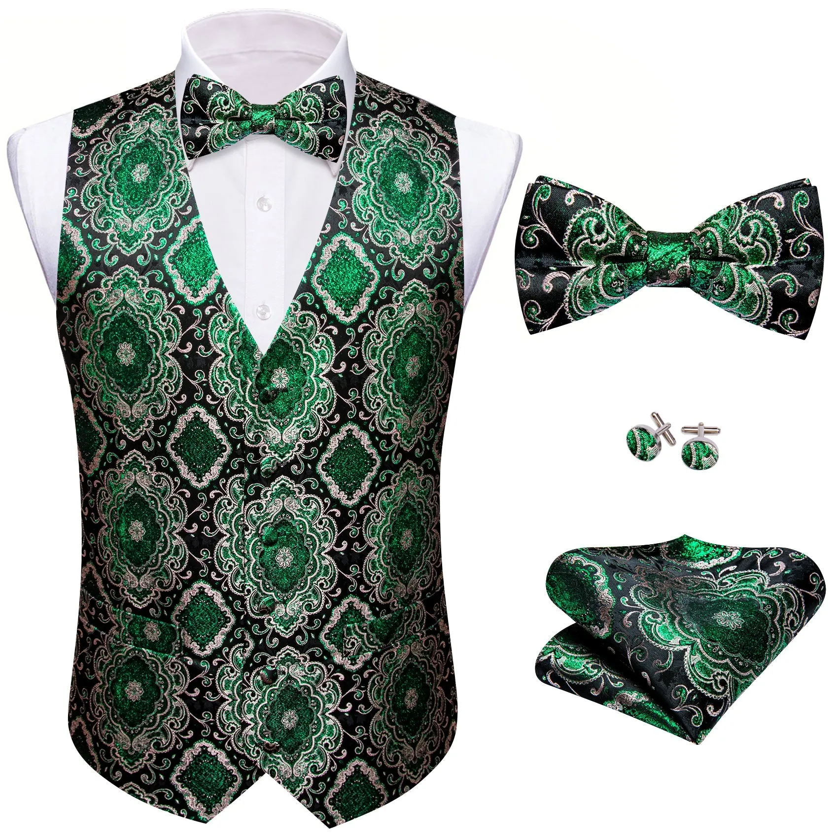 Black Shining Green Retro Floral Silk Men's Vest Bow Tie Handkerchief Cufflinks Set Waistcoat Suit Set