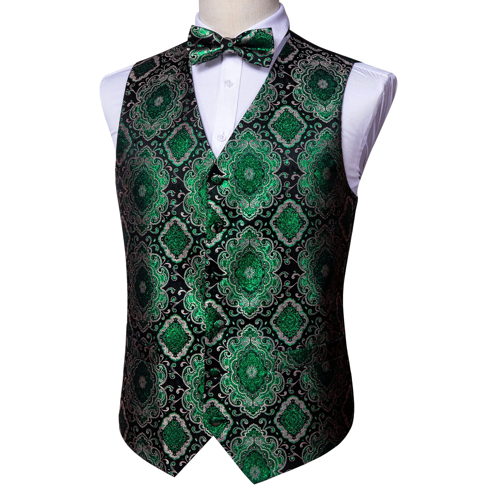 Black Shining Green Retro Floral Silk Men's Vest Bow Tie Handkerchief Cufflinks Set Waistcoat Suit Set