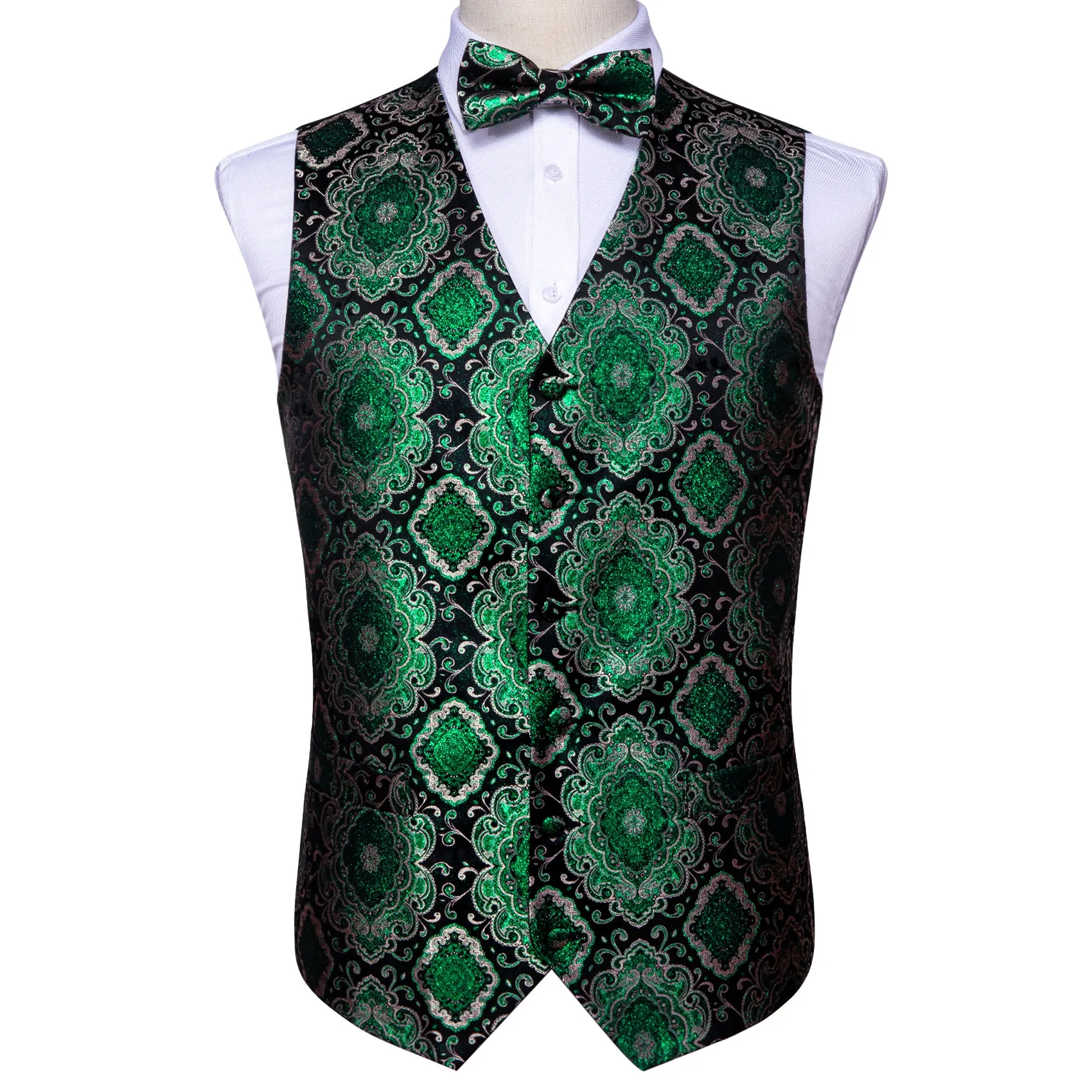 Black Shining Green Retro Floral Silk Men's Vest Bow Tie Handkerchief Cufflinks Set Waistcoat Suit Set