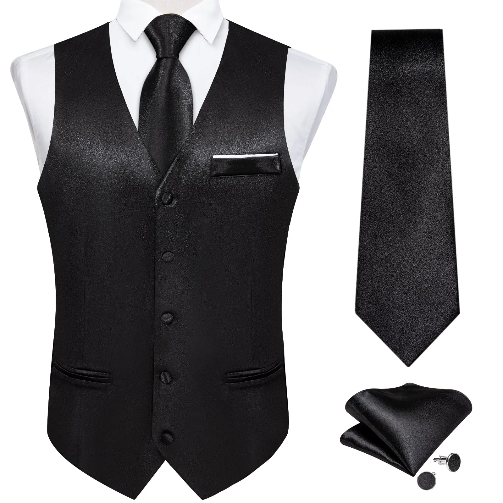 Black Solid Shining Silk Formal Men's Vest Hanky Cufflinks Tie Set