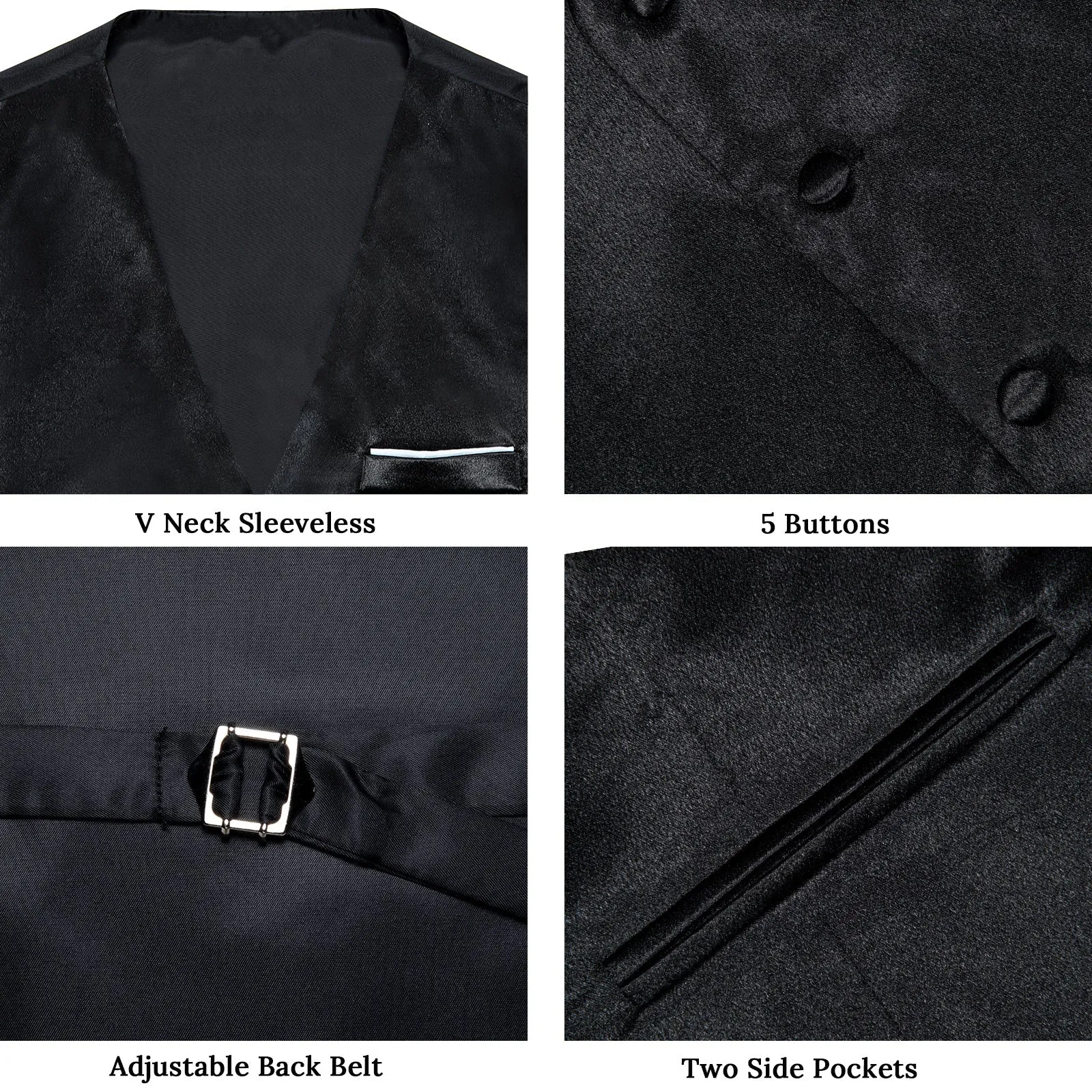 Black Solid Shining Silk Formal Men's Vest Hanky Cufflinks Tie Set