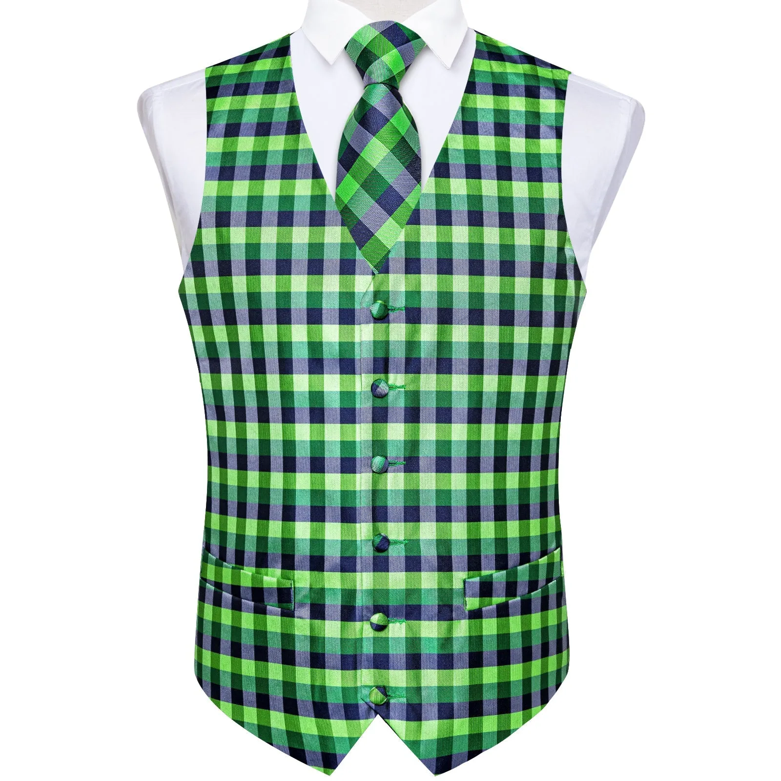 Blue Green Light Lime Green Plaid Vest for Men Men's Vest Tie Set