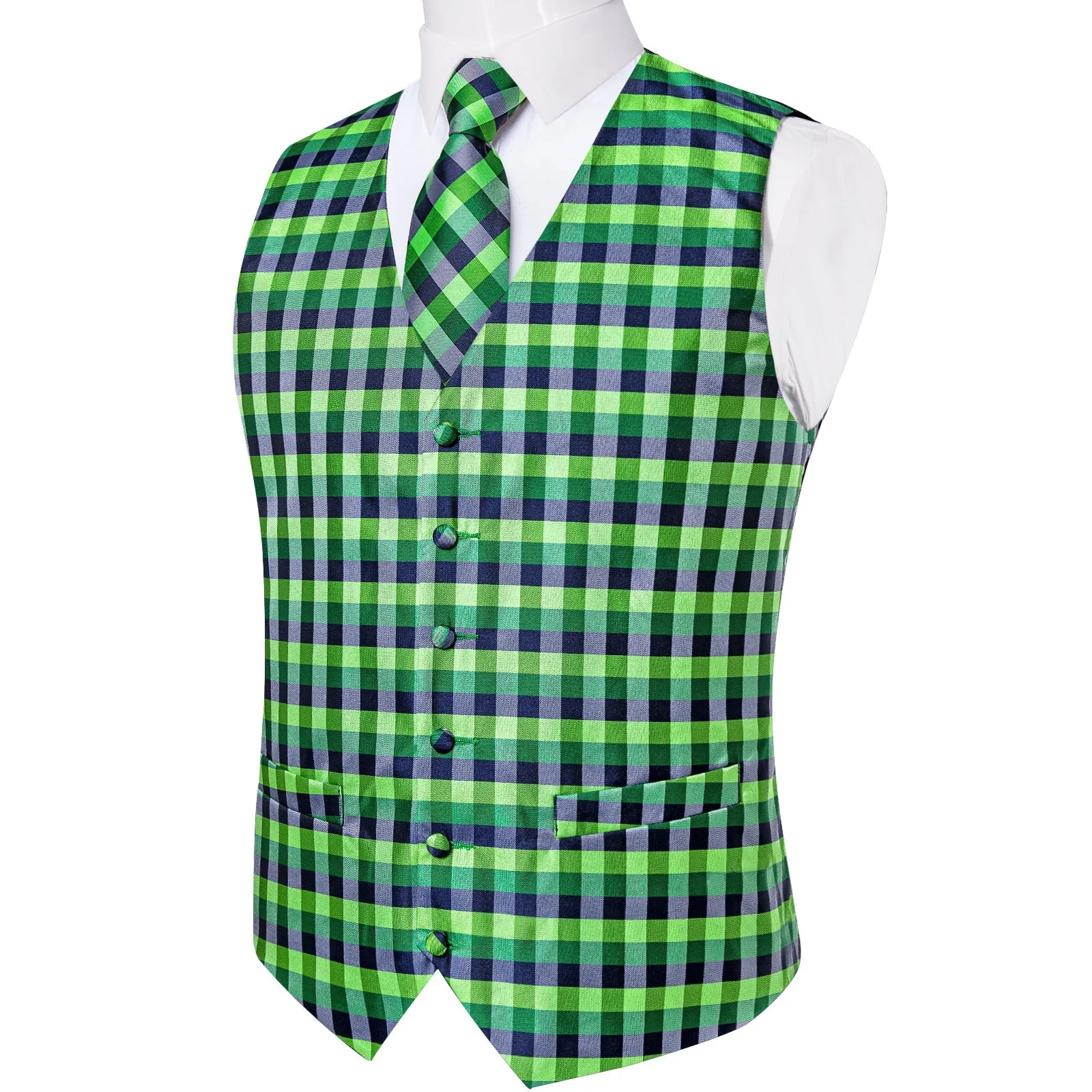 Blue Green Light Lime Green Plaid Vest for Men Men's Vest Tie Set