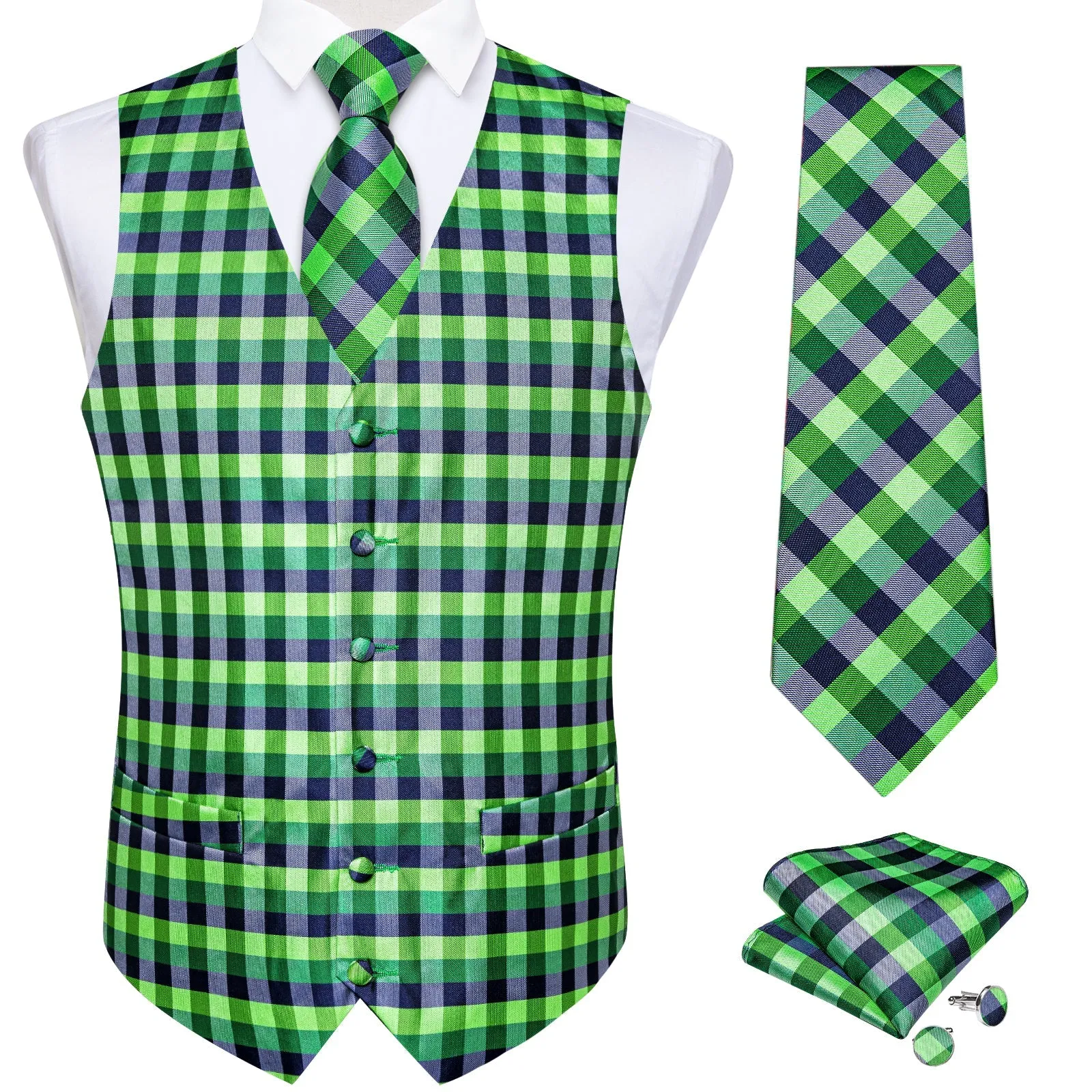 Blue Green Light Lime Green Plaid Vest for Men Men's Vest Tie Set