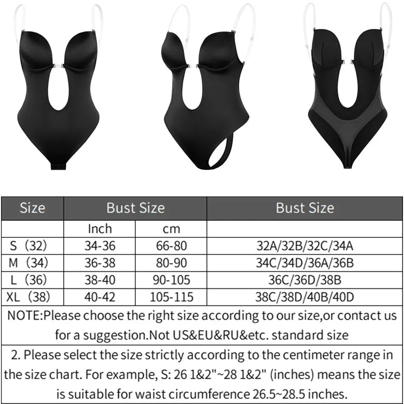 Bodysuit Shapewear Deep V-Neck Body Shaper Backless U Plunge Thong Shapers Waist Trainer Clear Strap Padded Push Up Corset