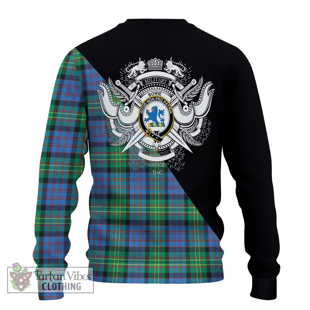 Bowie Ancient Tartan Ugly Sweater with Family Crest and Military Logo Style