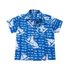 Boys Button Down Shirt Sailing Blue Global Mamas