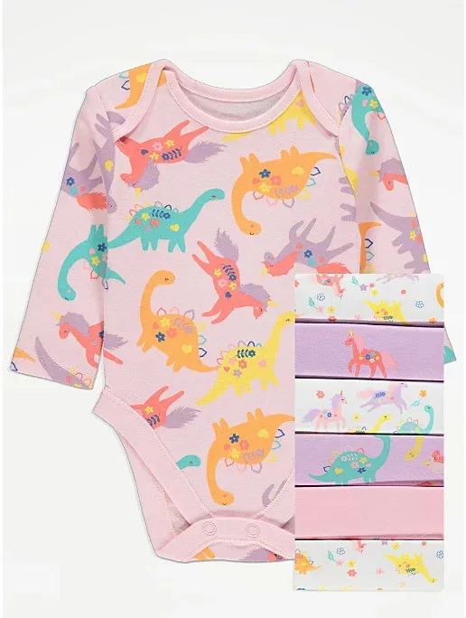 Bright Unicorn and Dinosaur Long Sleeve Bodysuit 7 Pack