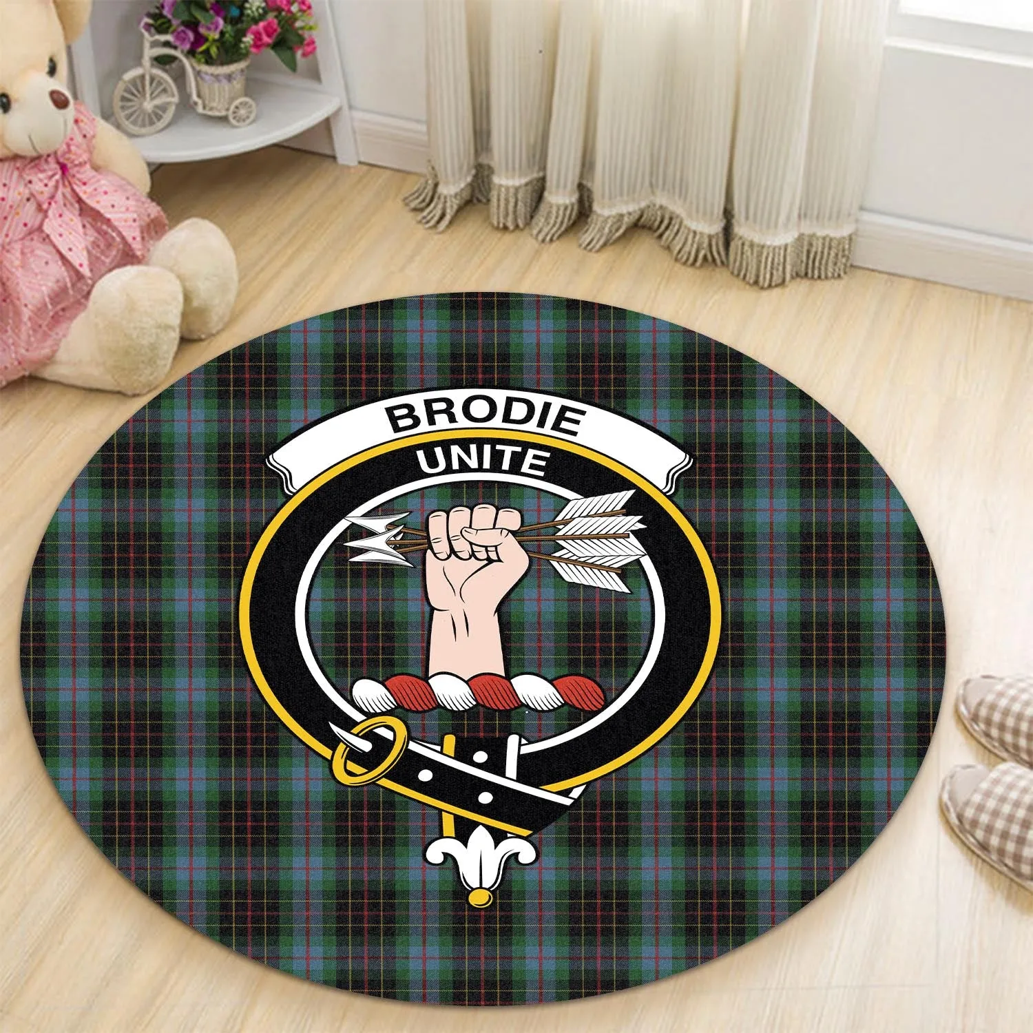 Brodie Hunting Tartan Round Rug with Family Crest