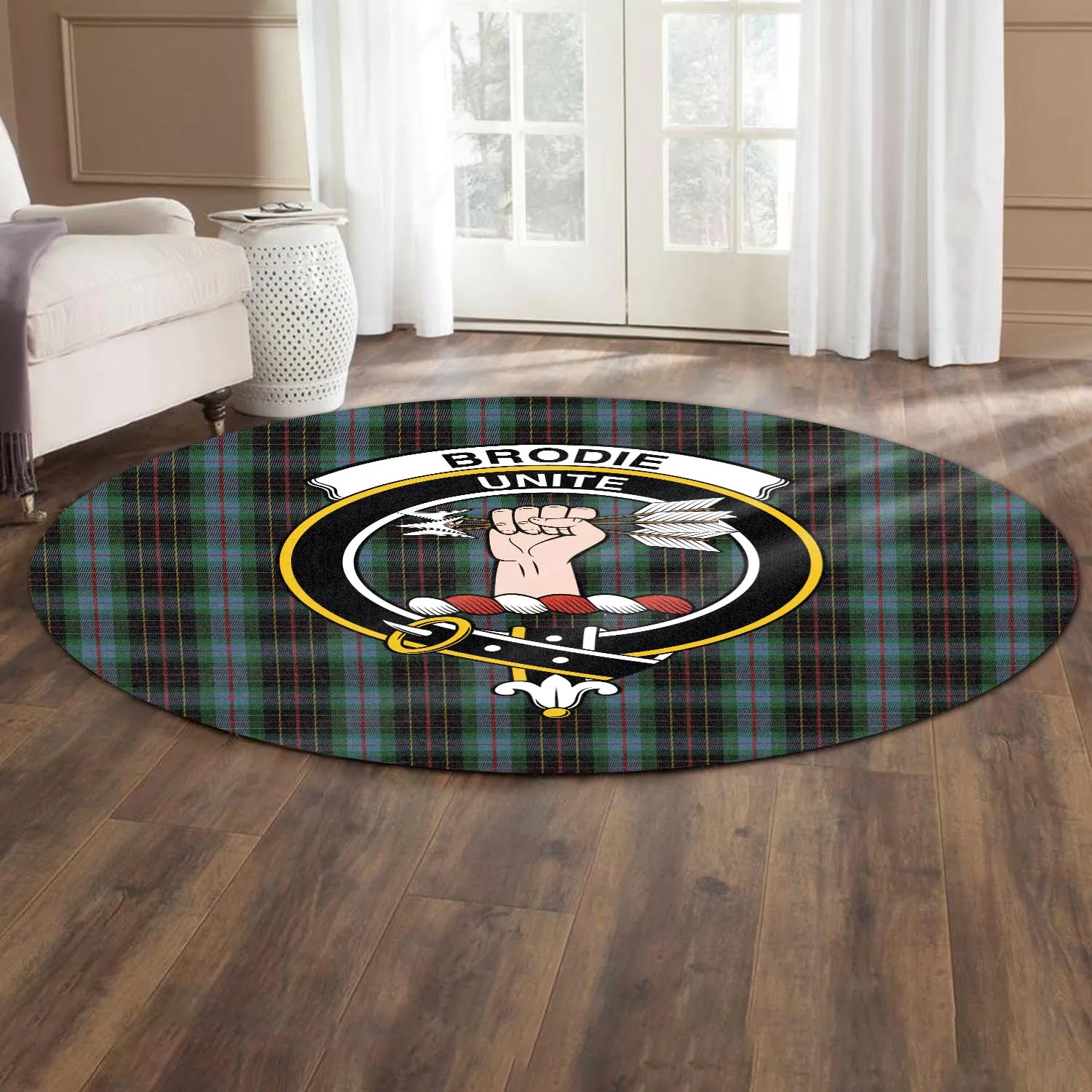 Brodie Hunting Tartan Round Rug with Family Crest