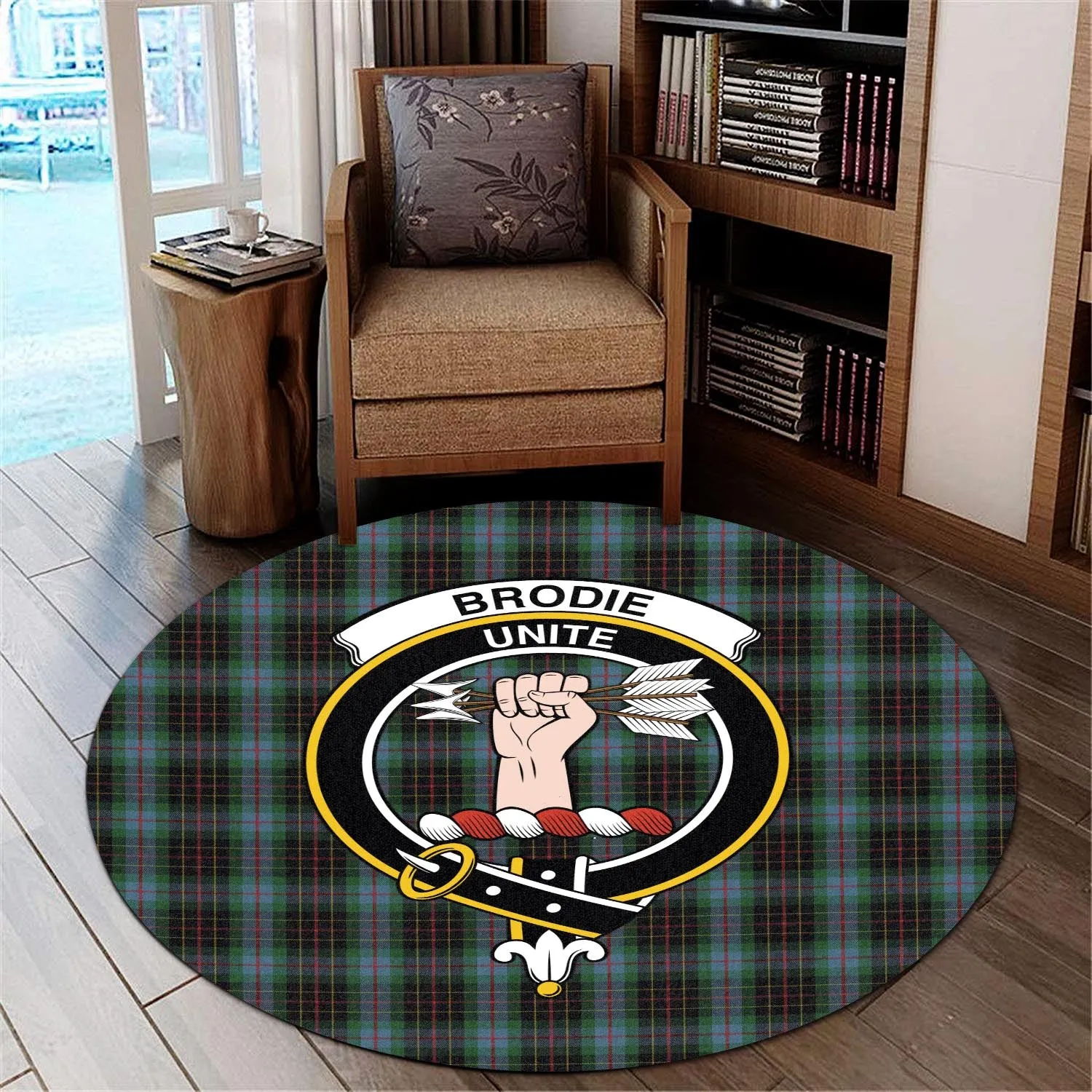 Brodie Hunting Tartan Round Rug with Family Crest