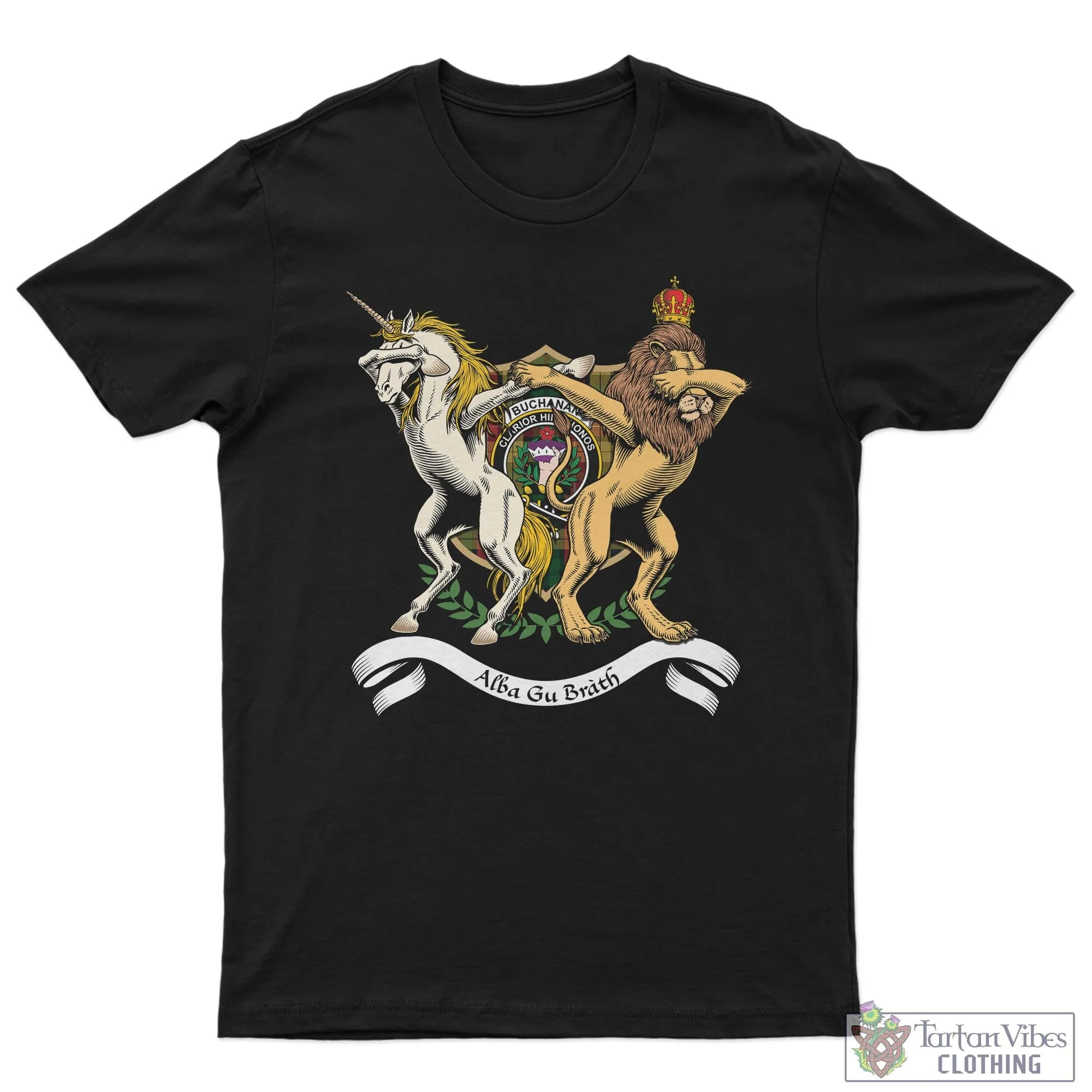 Buchanan Family Crest Cotton Men's T-Shirt with Scotland Royal Coat Of Arm Funny Style