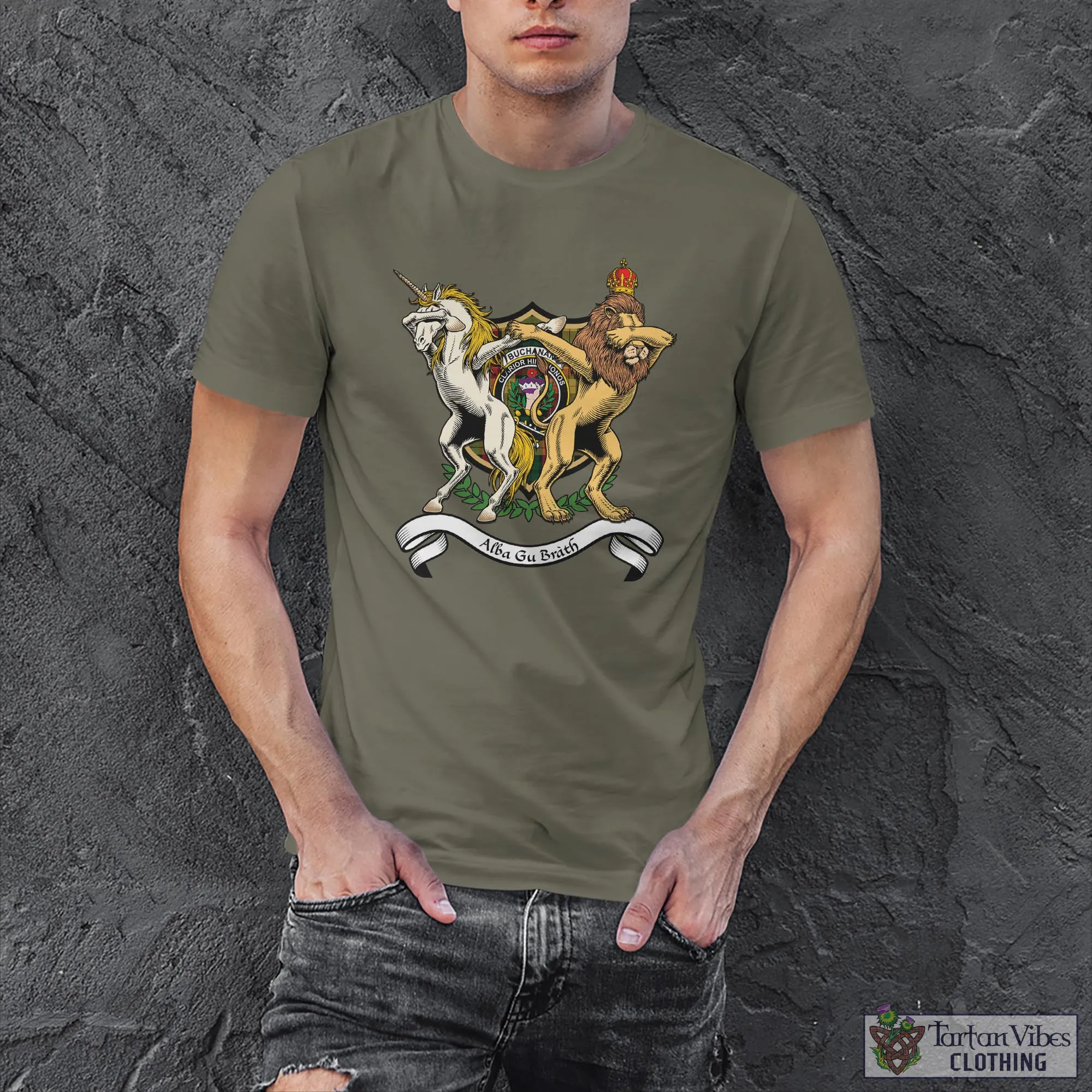 Buchanan Family Crest Cotton Men's T-Shirt with Scotland Royal Coat Of Arm Funny Style