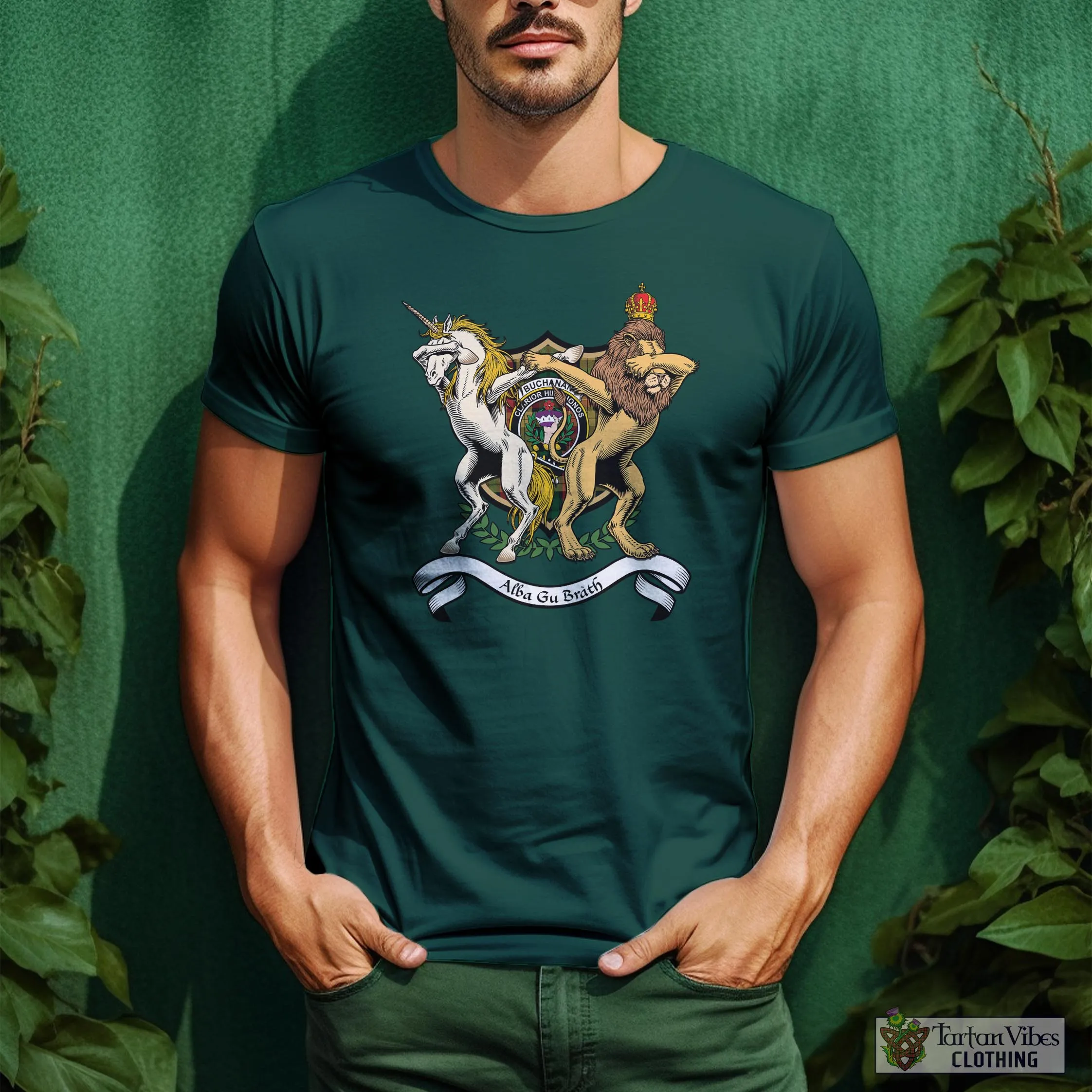 Buchanan Family Crest Cotton Men's T-Shirt with Scotland Royal Coat Of Arm Funny Style