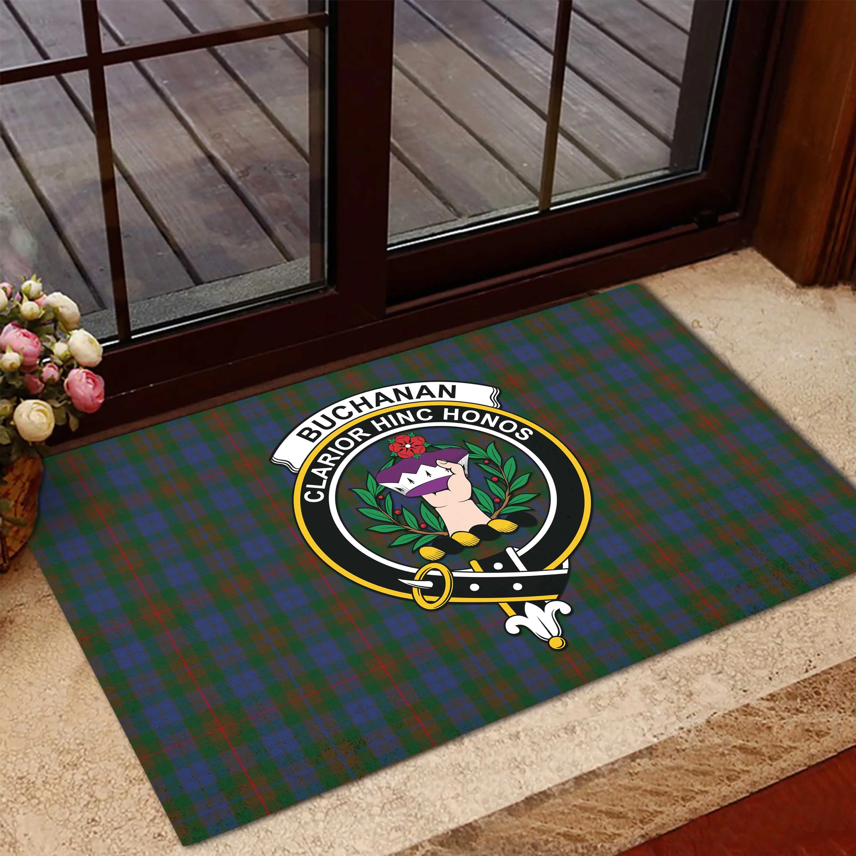 Buchanan Hunting Tartan Door Mat with Family Crest