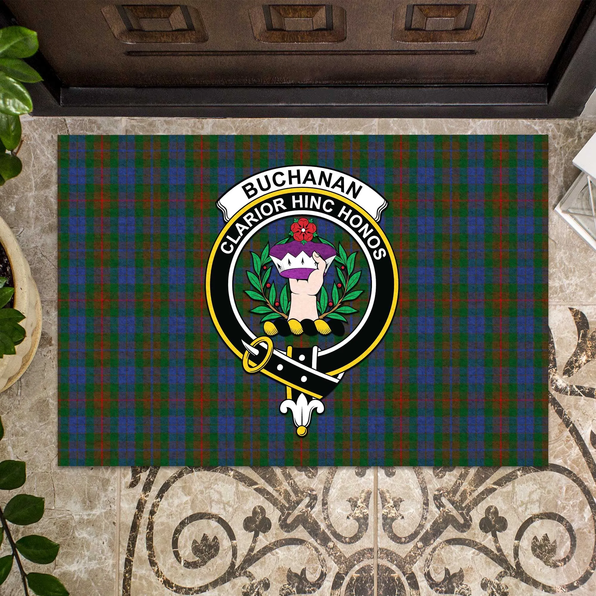 Buchanan Hunting Tartan Door Mat with Family Crest