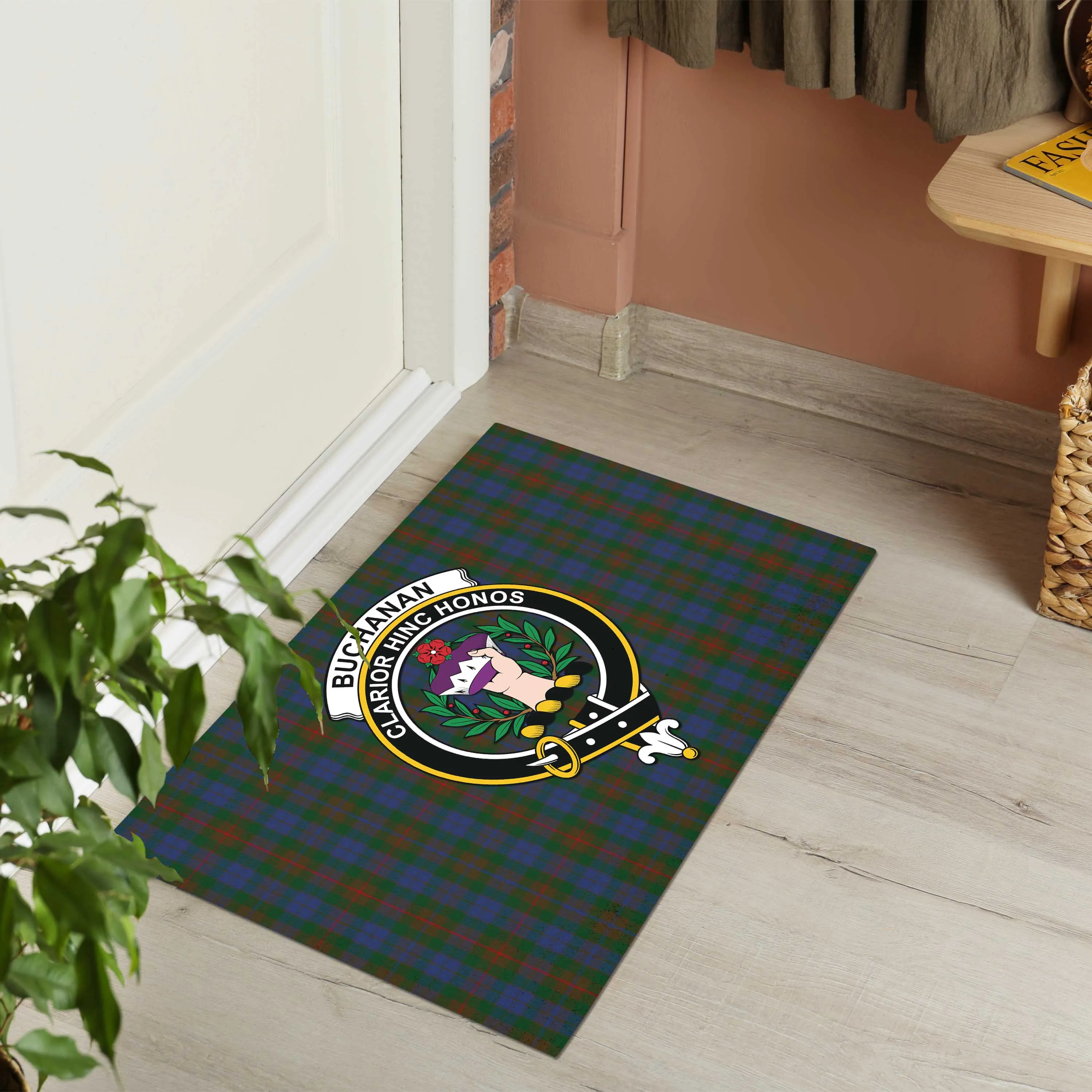 Buchanan Hunting Tartan Door Mat with Family Crest