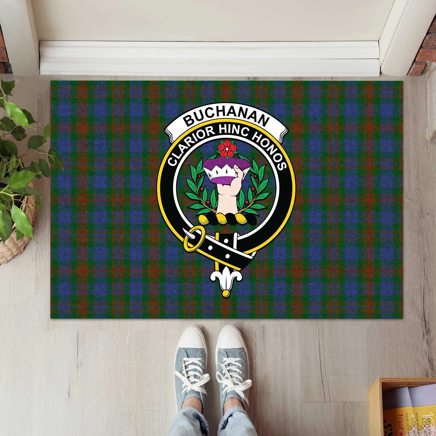 Buchanan Hunting Tartan Door Mat with Family Crest