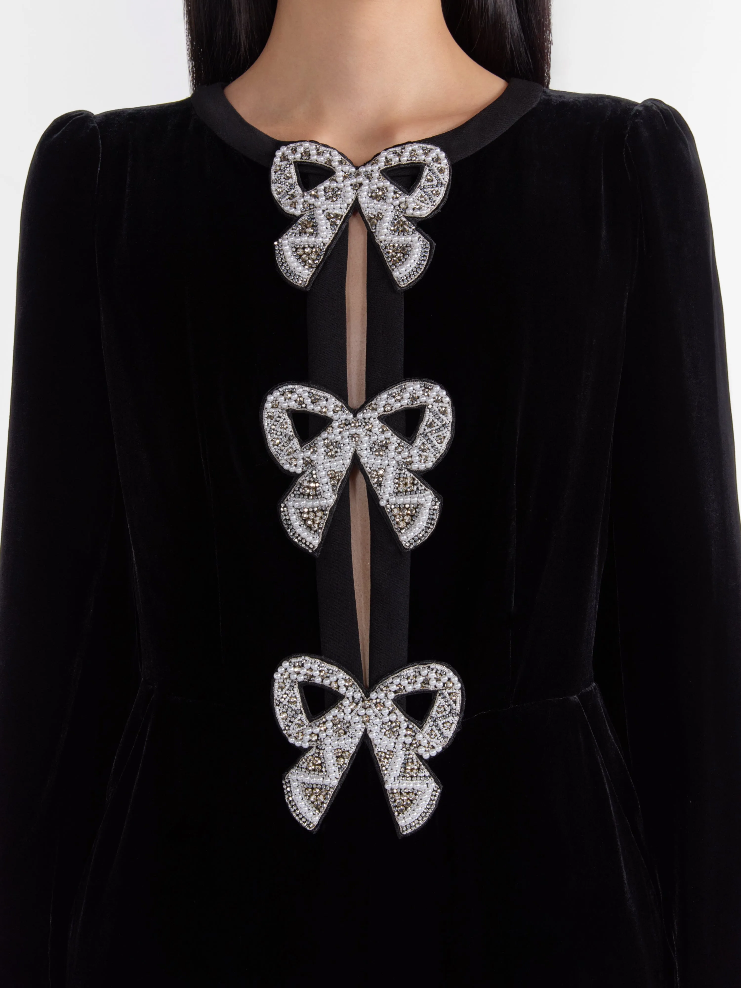 Camille Velvet Embellished Bows Jumpsuit in Black