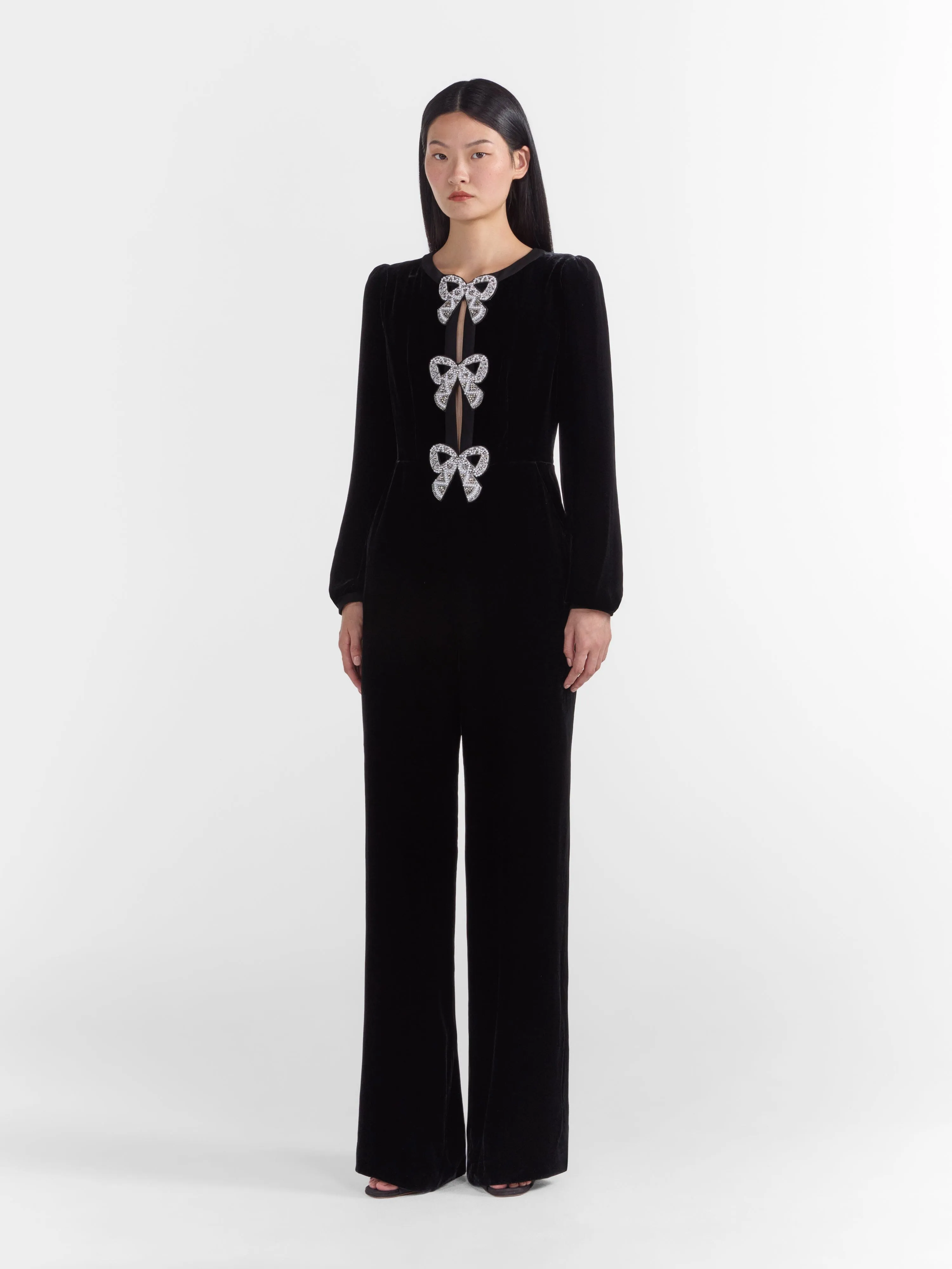 Camille Velvet Embellished Bows Jumpsuit in Black