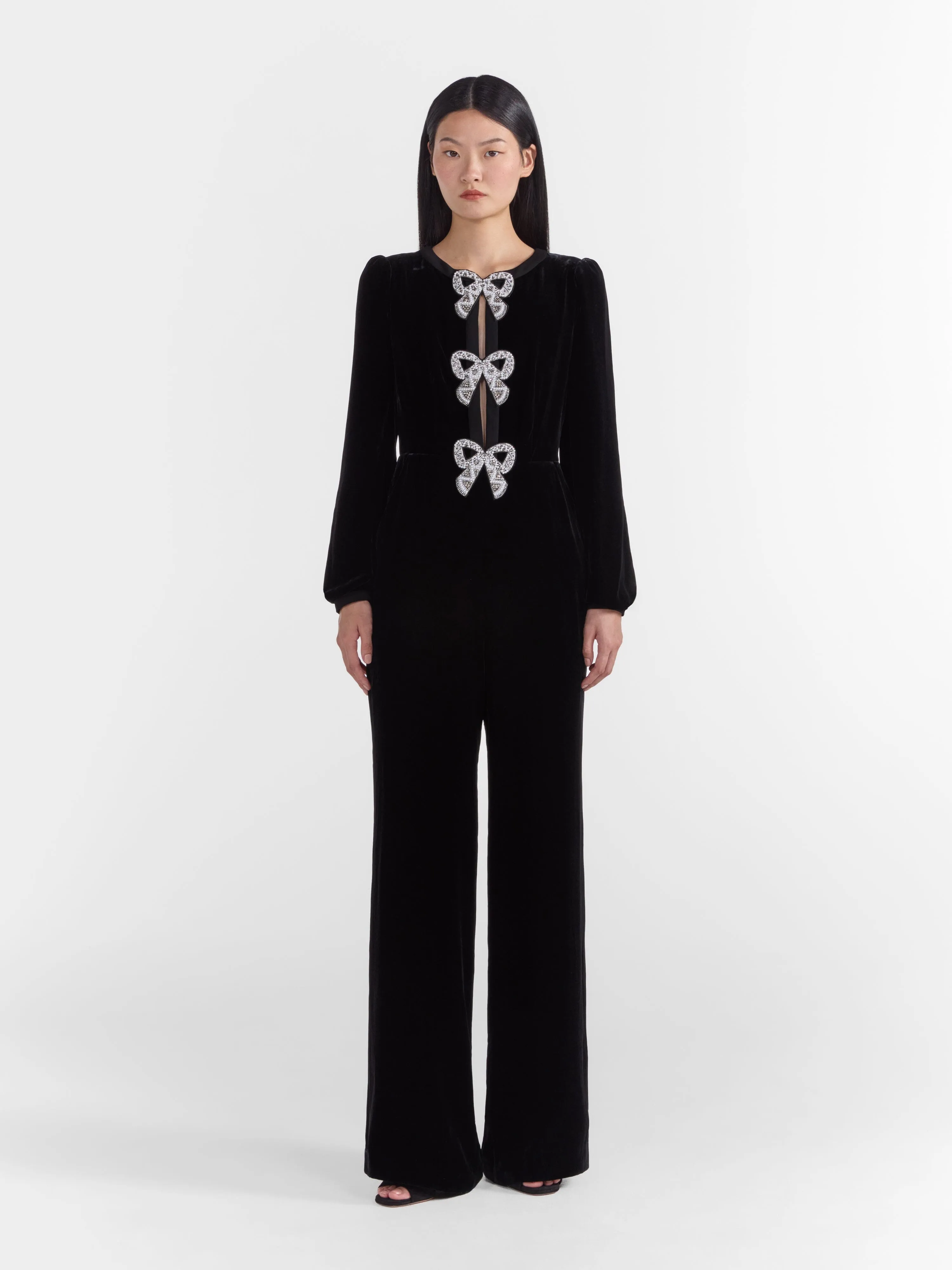 Camille Velvet Embellished Bows Jumpsuit in Black