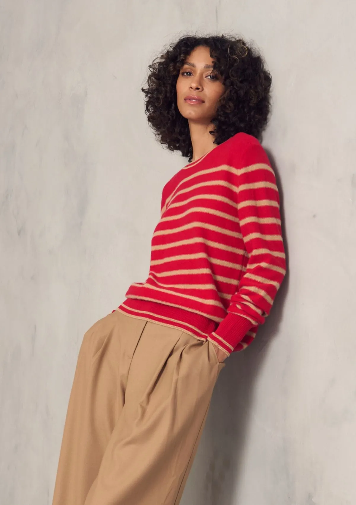 Cashmere Crew Neck Sweater in Crimson Stripe