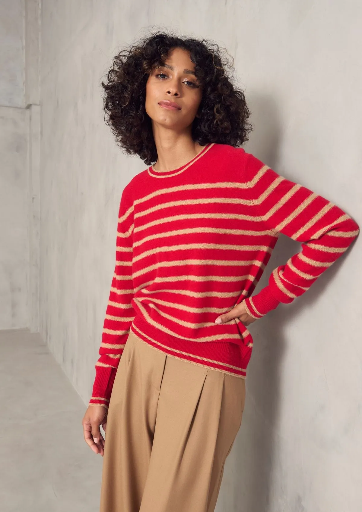 Cashmere Crew Neck Sweater in Crimson Stripe